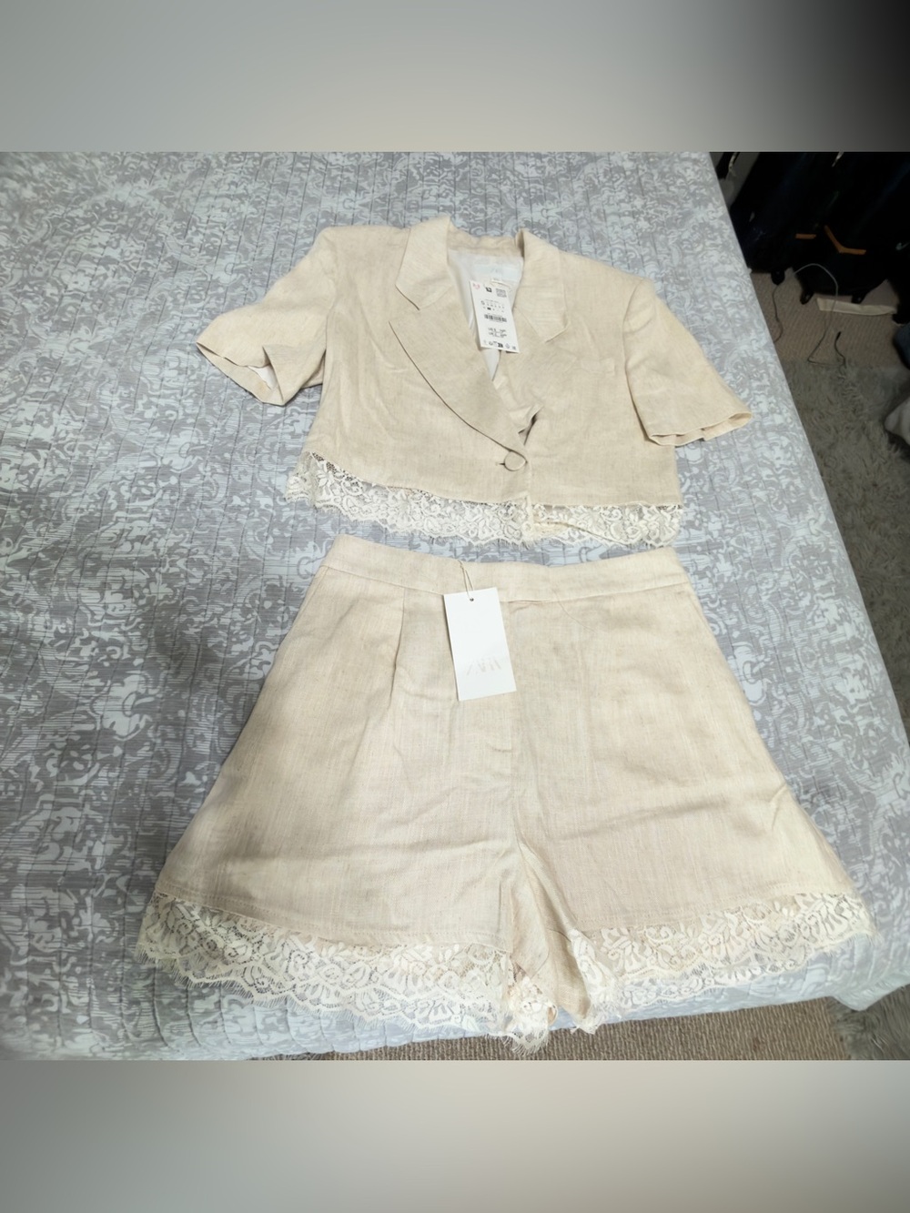 ZARA Cream Lace-Trim Linen Short Set